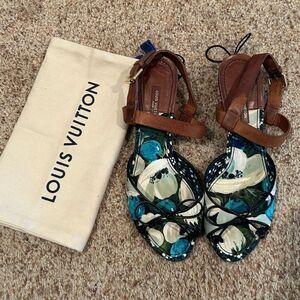 Vintage Louis Vuitton Brown and Blue Floral Sandals with dust bag